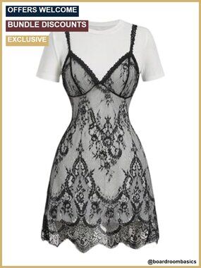 Y2k Lace Mini Dress A Line Contrast Short Sleeve Round Neck